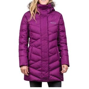 Marmot Varma Long Quilted Down Hooded Puffer Jacket Women’s Medium Plum Purple